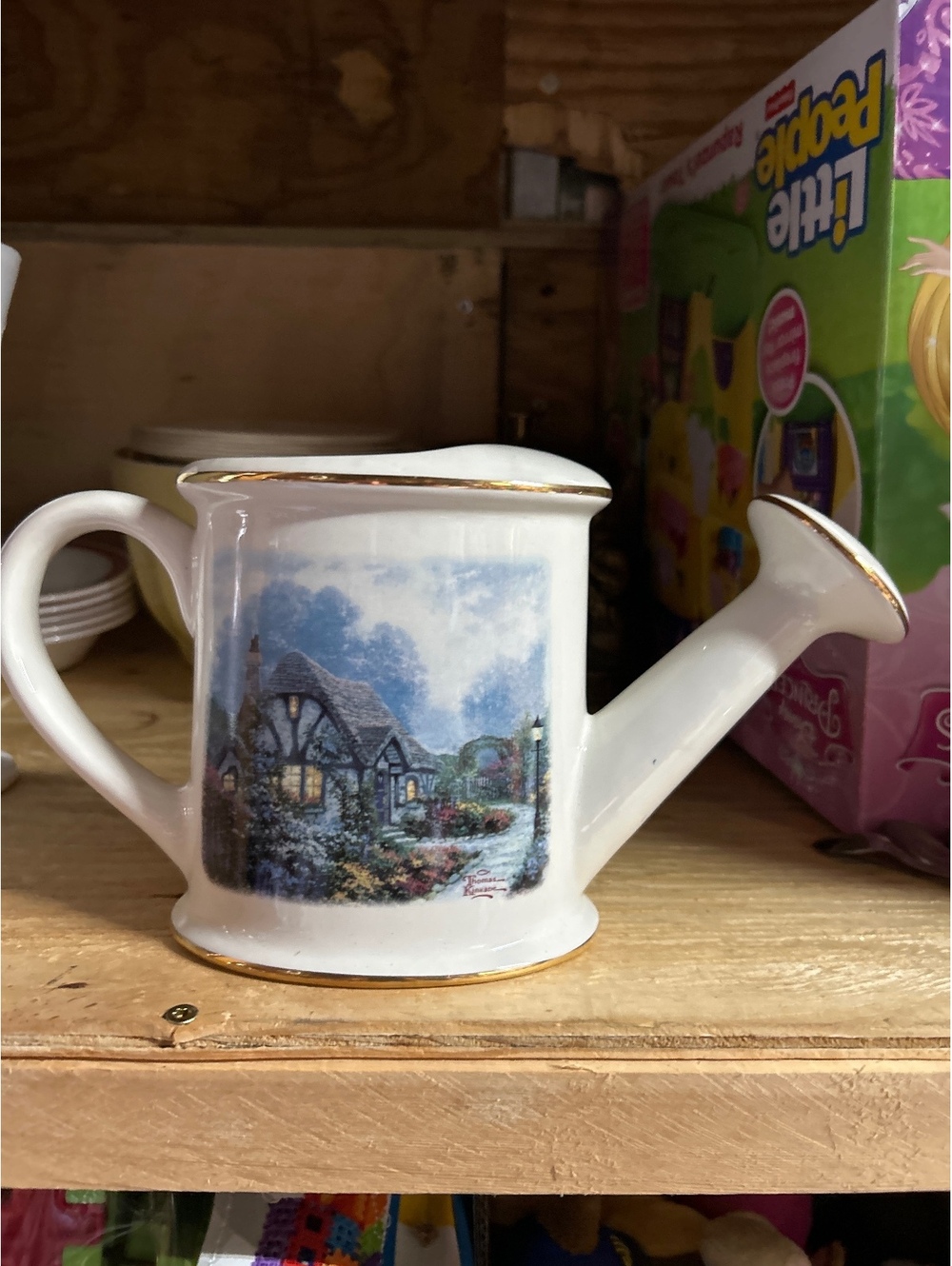 Decorative Ceramic Watering Can with Cottage Scene and Gold Trim
